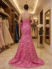 Hot Pink Floral Brocade Strapless Oversized Bow Prom Dress with Slit