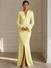 Formal Yellow V Neck Long Sleeves Floor Length Dress With Slit