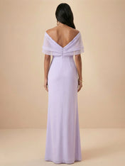 Lilac Off-the-Shoulder Slit Evening Gown with Draped Maxi Dress