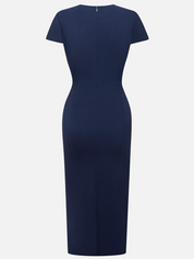 Purplish Blue Embroidery Applique Sheath Midi Dress
