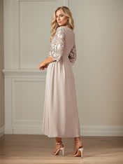 Crew Neck  A Line Ruffle Ruched Lace Maxi Dress Mother Of The Bride Dress