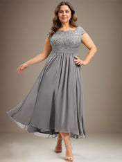 A-line Scoop Illusion Asymmetrical Lace Chiffon Mother of the Bride Dress With Pleated