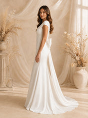 V-Neck Cap-Sleeve Satin Mermaid Wedding Dress with Sweep Train