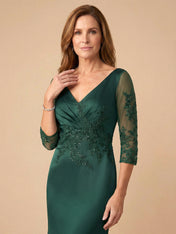 Half Sleeves Lace Applique Mermaid Satin Mother of the Bride Dress for Women