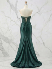Glamorous Strapless Beaded Corset Satin Prom Dress with Slit