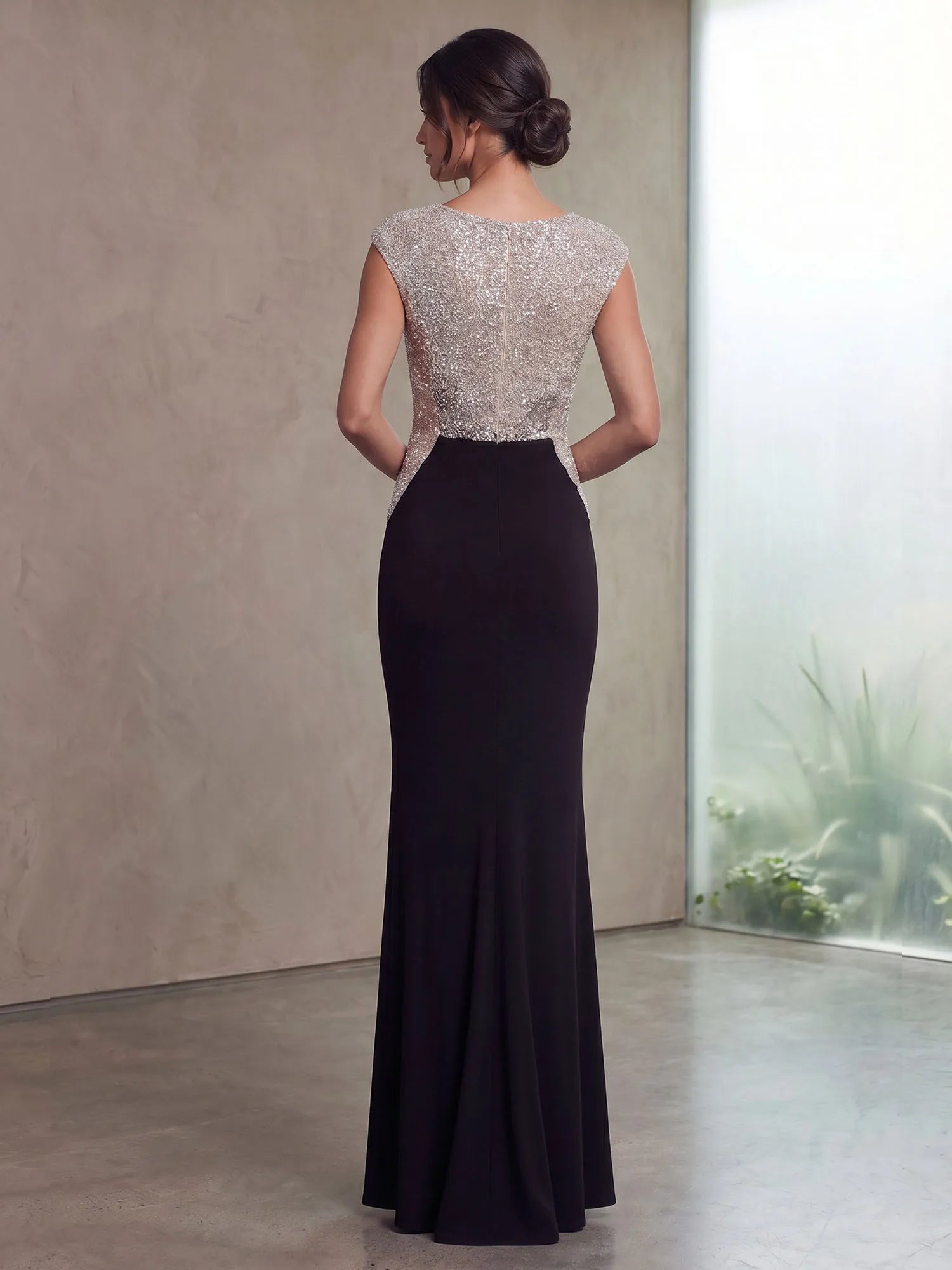 High Neck Cap Sleeve Sequin Contrast Mermaid Evening Gown