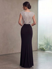 High Neck Cap Sleeve Sequin Contrast Mermaid Evening Gown