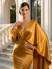 Evening Dress Blue Long Sleeves Ruffle Maxi Dress with Feather