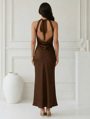 Brown Halter Neck Mermaid Satin Maxi Dress Tea Length