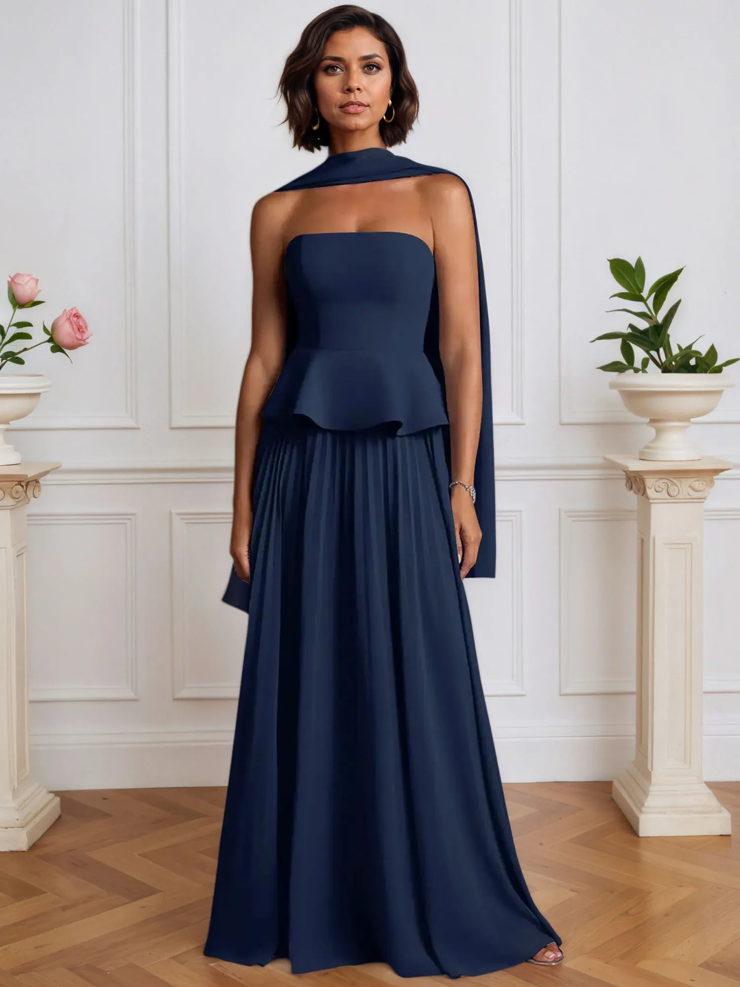 A-Line Off The Shoulder Sleeveless Pleated Chiffon Dress With Cascading Ruffles