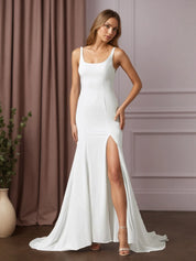 White Mermaid Scoop Sequins Crepe Back Satin Wedding Dress