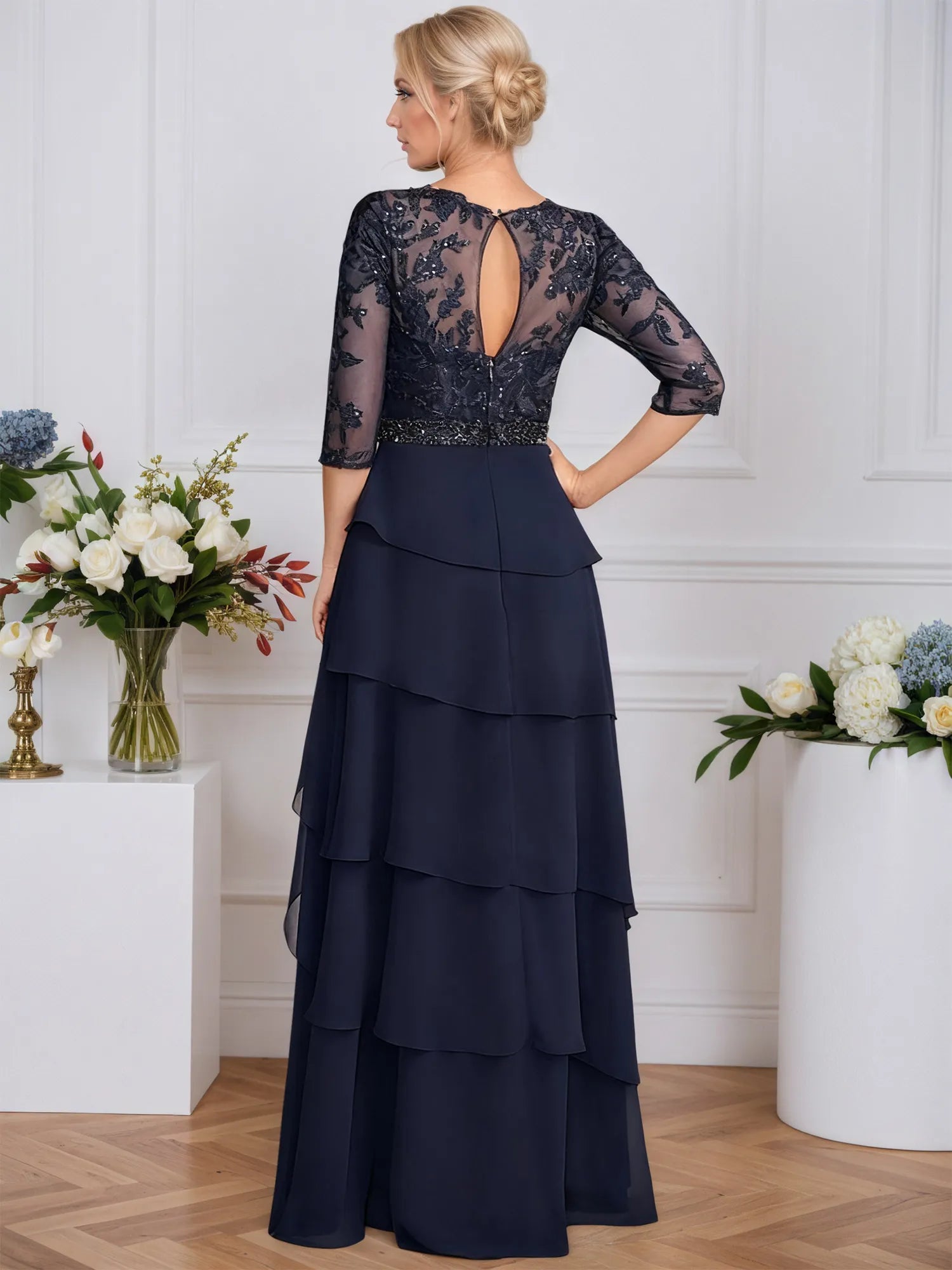 A-line Scoop Illusion Floor-Length Chiffon Mother of the Bride Dress With Sequins Beading