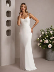 White Sheath V-Neck Chiffon Wedding Dress