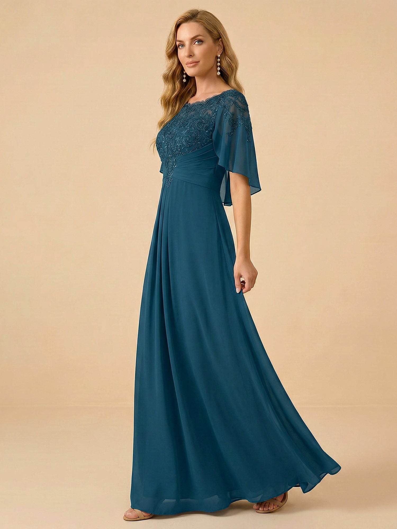 A-Line Lace Appliques Draped Back Chiffon Mother of the Bride Dress Maxi Dress