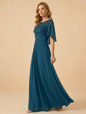 A-Line Lace Appliques Draped Back Chiffon Mother of the Bride Dress Maxi Dress