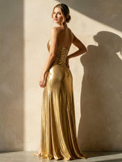 V Neck Pleat Maxi Dresses with Slit A Line Satin Formal Dress