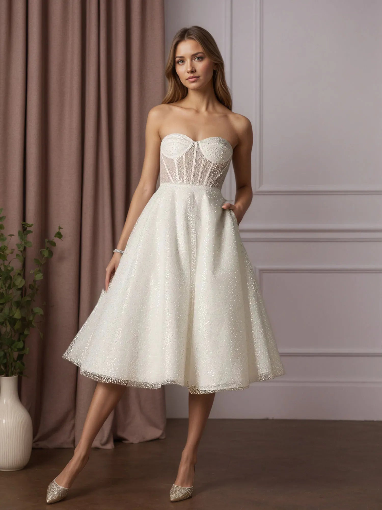White A-Line Strapless Beading Wedding Dress
