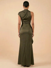 Olive Green One Shoulder Ruched Satin Evening Gown with Ruffle