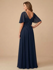 Flare Sleeves Sparky Sequins A Line Chiffon Mother of the Brides Dresses