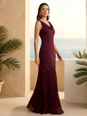 Burgundy V Neck A Line Pleat Maxi Dresses with Ruffle