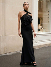 Black Halter Neck Mermaid Chiffon Evening Dress with Ruffle