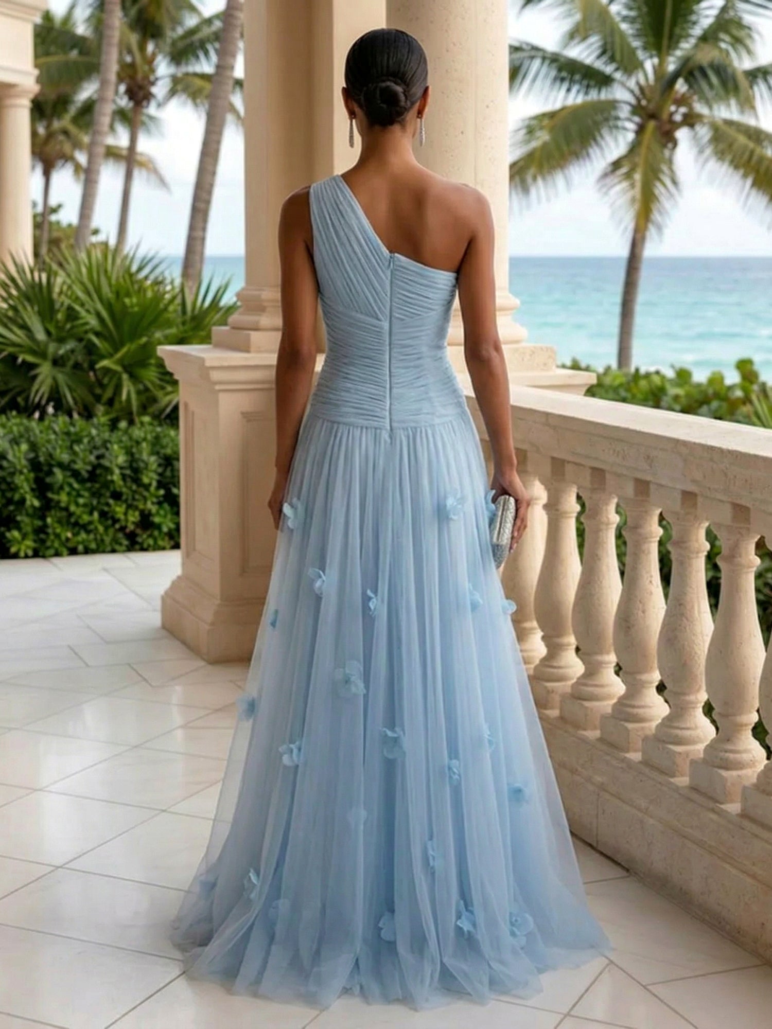 Light Blue Evening Dress with 3D Flower One Shoulder Pleat Maxi Dress