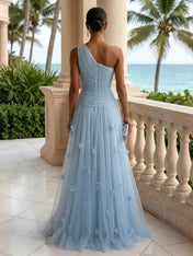 Light Blue Evening Dress with 3D Flower One Shoulder Pleat Maxi Dress