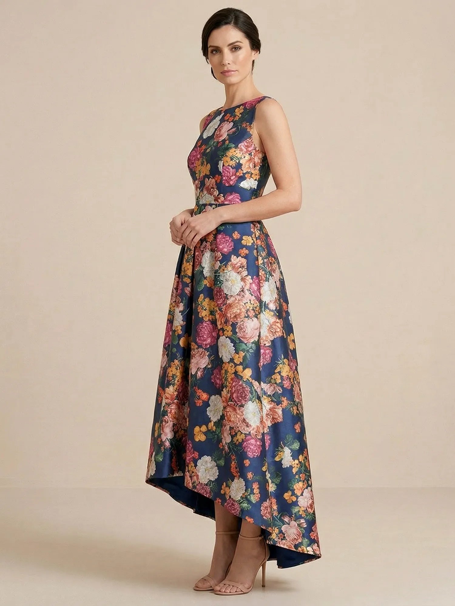 High Low Print Flower Satin A Line Mother of the Bride Dresses