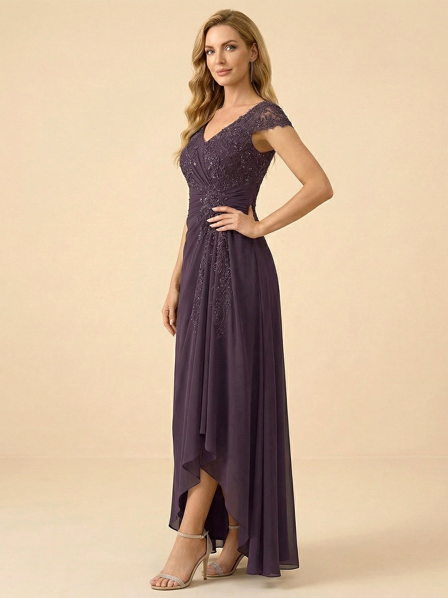 Purple V-Neck High-Low Mother of the Bride Dress with Appliques