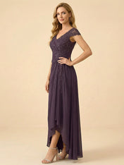 Purple V-Neck High-Low Mother of the Bride Dress with Appliques