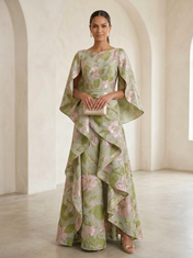 Boat-Neck Jacquard Asymmetric Ruffle Long Mother Of The Bride Dresses with Cape Sleeves