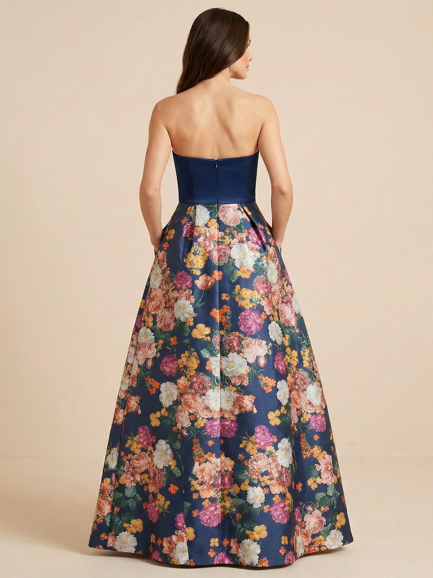 Navy Blue Half Strapless Print Floral Satin Mother of the Brides dress
