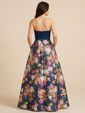 Navy Blue Half Strapless Print Floral Satin Mother of the Brides dress