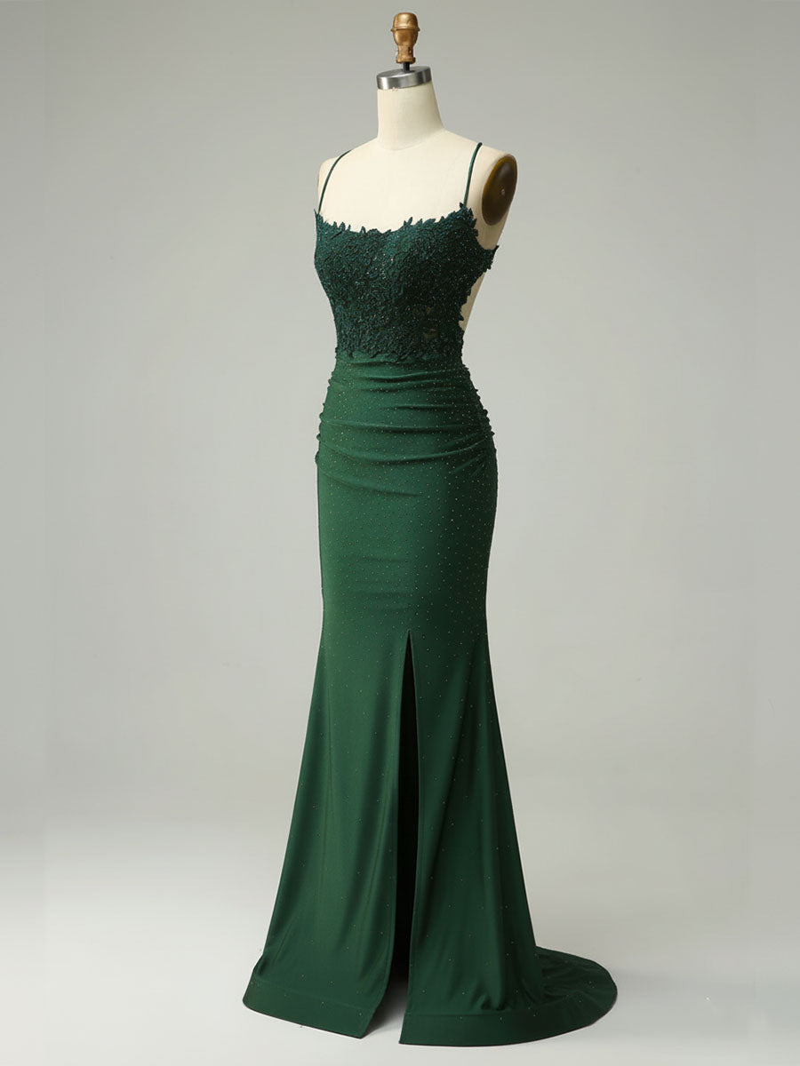 Mermaid Halter Beaded Long Prom Dress with Appliques and Slit