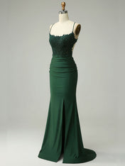 Mermaid Halter Beaded Long Prom Dress with Appliques and Slit