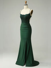 Mermaid Halter Beaded Long Prom Dress with Appliques and Slit