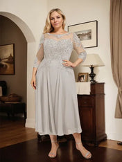 A-line Scoop Illusion Tea-Length Chiffon Lace Mother of the Bride Dress With Beading Sequins