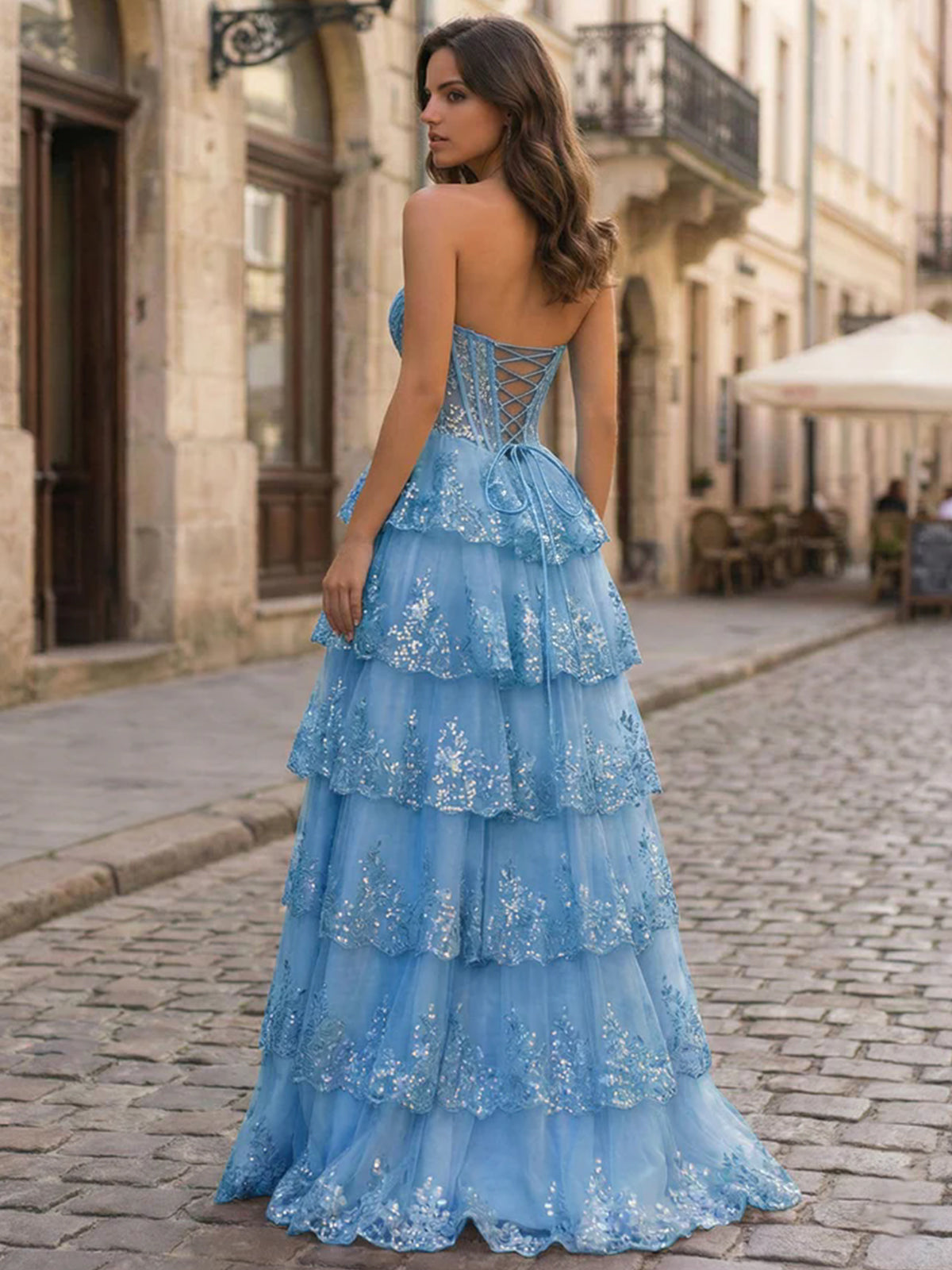 Pink A Line Strapless Sweetheart Tiered Lace Corset Prom Dress