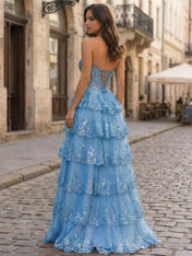 Pink A Line Strapless Sweetheart Tiered Lace Corset Prom Dress