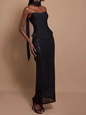 Off-Shoulder Bandage Top & Sequin Midi Skirt Set