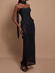 Off-Shoulder Bandage Top & Sequin Midi Skirt Set