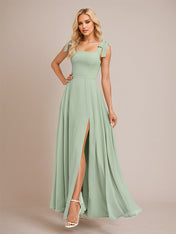 Sage A Line Chiffon Square Neck Floor Length Bridesmaid Dress With Bow