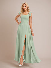 Sage A Line Chiffon Square Neck Floor Length Bridesmaid Dress With Bow