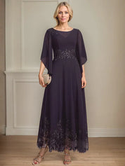 Robe de mère de la mariée trapèze en mousseline de soie et dentelle, longueur cheville, décolleté en V, illusion, avec paillettes 