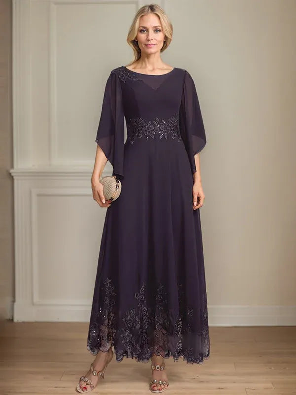 Robe de mère de la mariée trapèze en mousseline de soie et dentelle, longueur cheville, décolleté en V, illusion, avec paillettes 