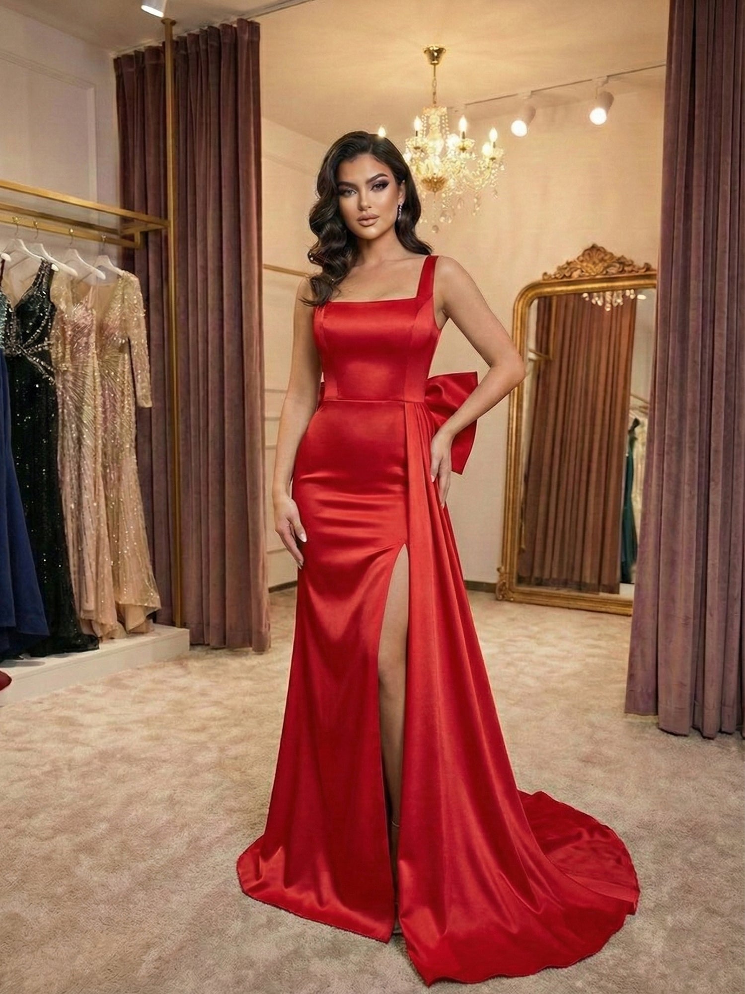 Ivory Grace Satin Square-Neck Prom Dress with Side Bow