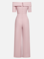 Women Pink 3D Floral Off The Shoulder Short Sleeve Dressy Jumpsuit