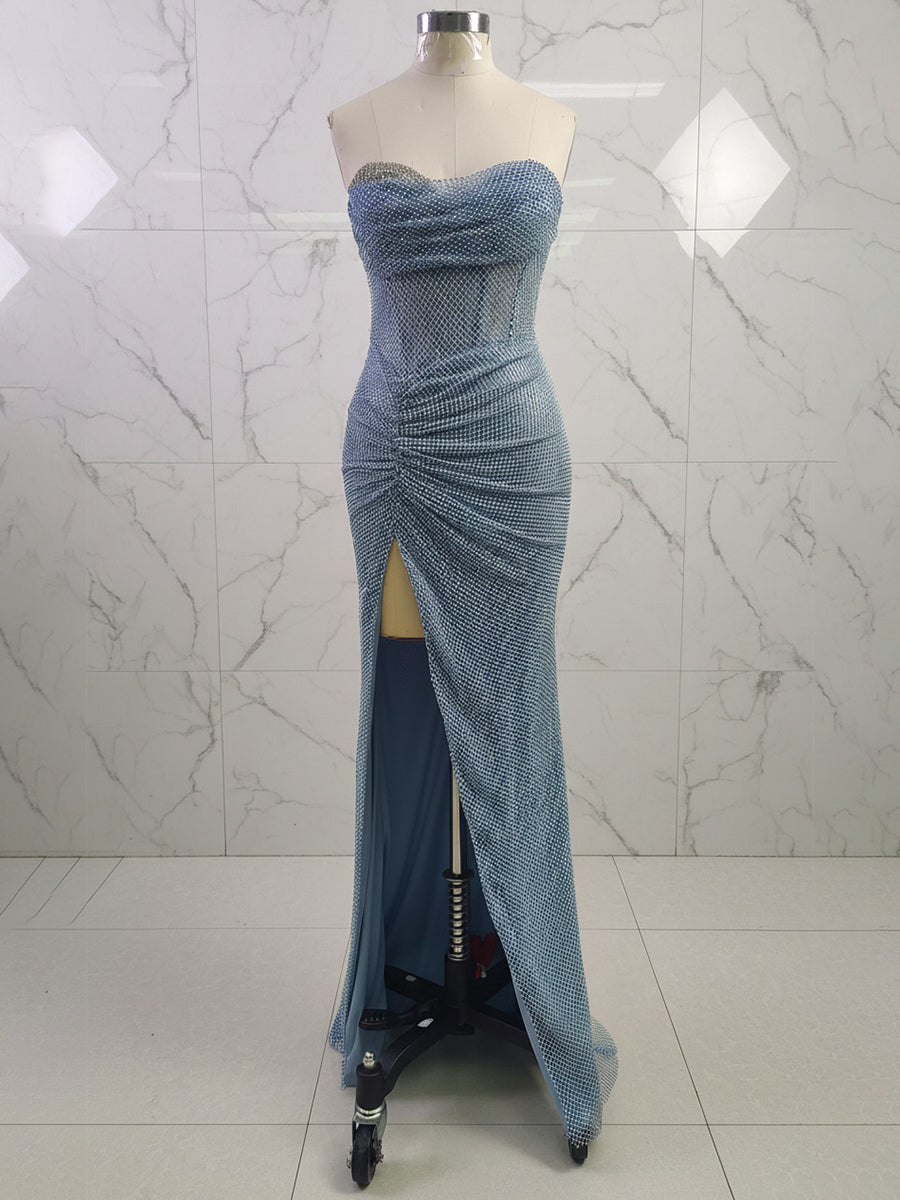 Blue Beaded Corset Long Prom Dress with Matching Gloves