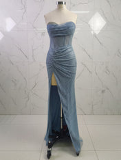 Blue Beaded Corset Long Prom Dress with Matching Gloves