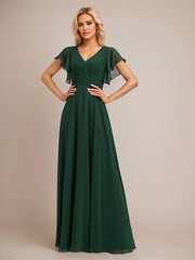 Dark Green A Line Chiffon V Neck Floor Length Bridesmaid Dress With Ruffle